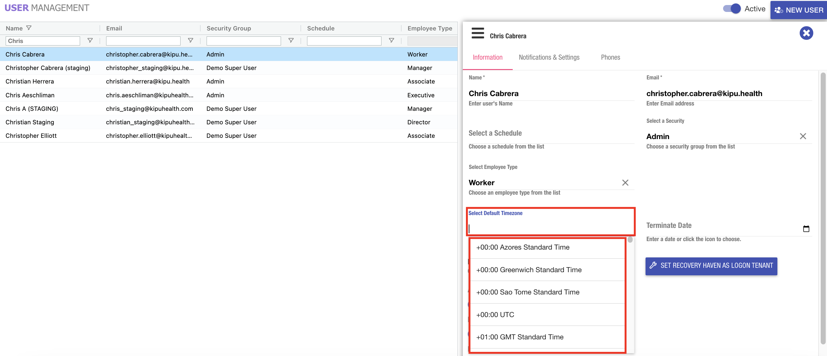 How can I default my Timezone in the Kipu BI? Kipu CRM