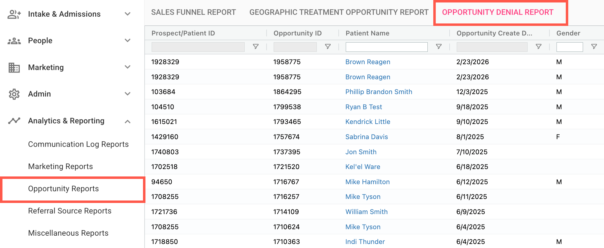 Opportunity Reports submenu showing Opportunity Denial Report