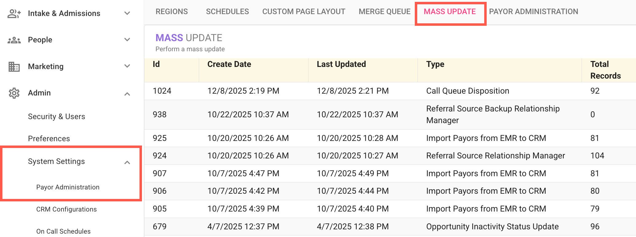 System Settings menu path to Mass Update
