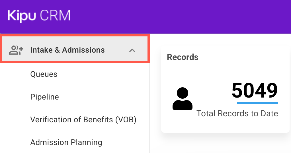 Intake and Admissions navigation