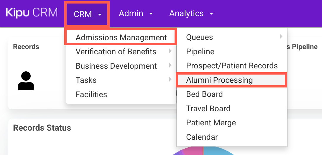 CRM menu expanded showing Admissions Management and the Alumni Processing option